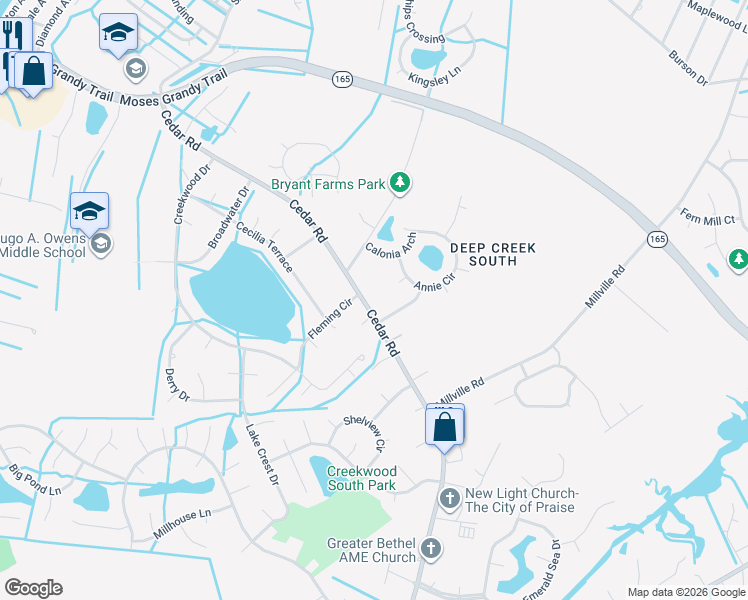 map of restaurants, bars, coffee shops, grocery stores, and more near 2593 Cedar Road in Chesapeake