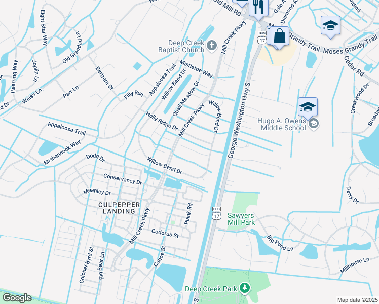 map of restaurants, bars, coffee shops, grocery stores, and more near 3113 Misty Hollow Court in Chesapeake