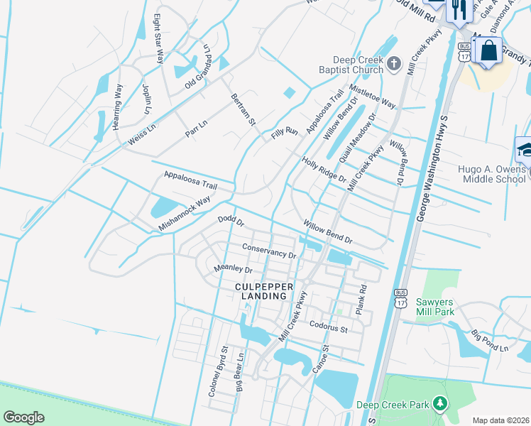 map of restaurants, bars, coffee shops, grocery stores, and more near 3302 Firebird Court in Chesapeake
