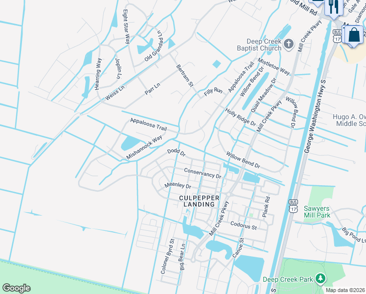 map of restaurants, bars, coffee shops, grocery stores, and more near 3304 Dodd Drive in Chesapeake