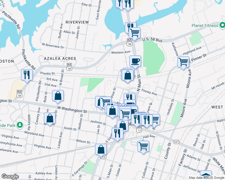 map of restaurants, bars, coffee shops, grocery stores, and more near 1 -1/2 Pine Street in Suffolk