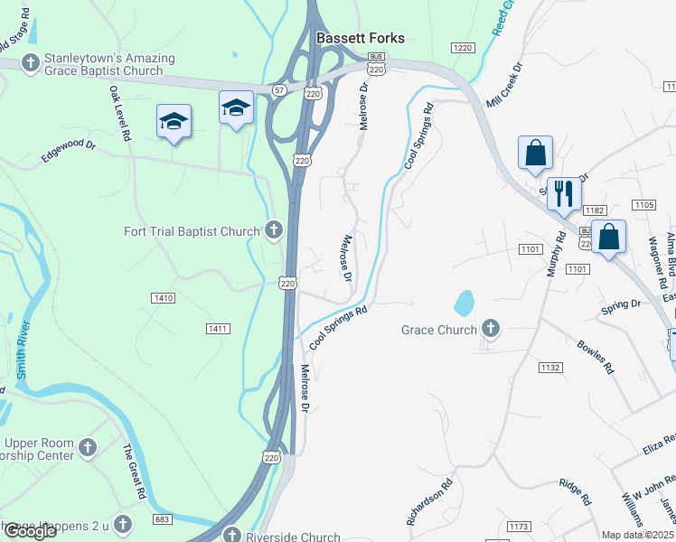 map of restaurants, bars, coffee shops, grocery stores, and more near 444-556 Melrose Drive in Bassett