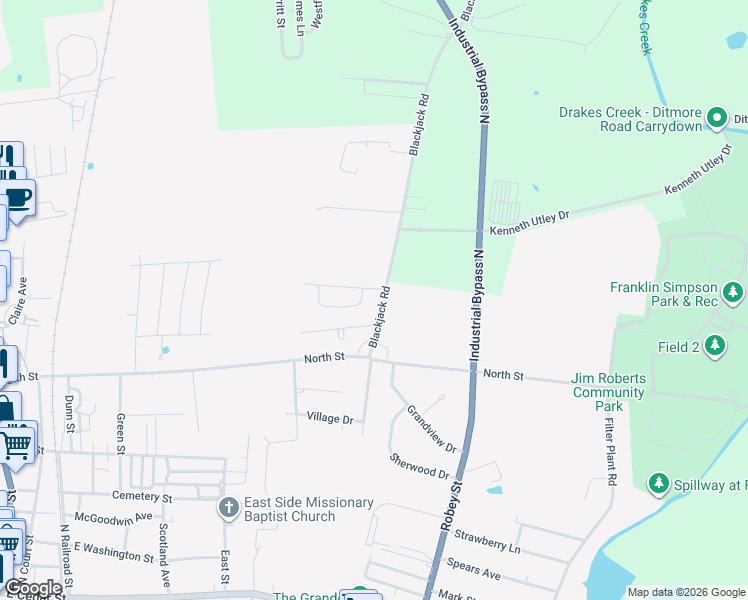 map of restaurants, bars, coffee shops, grocery stores, and more near 619-621 Blackjack Road in Franklin