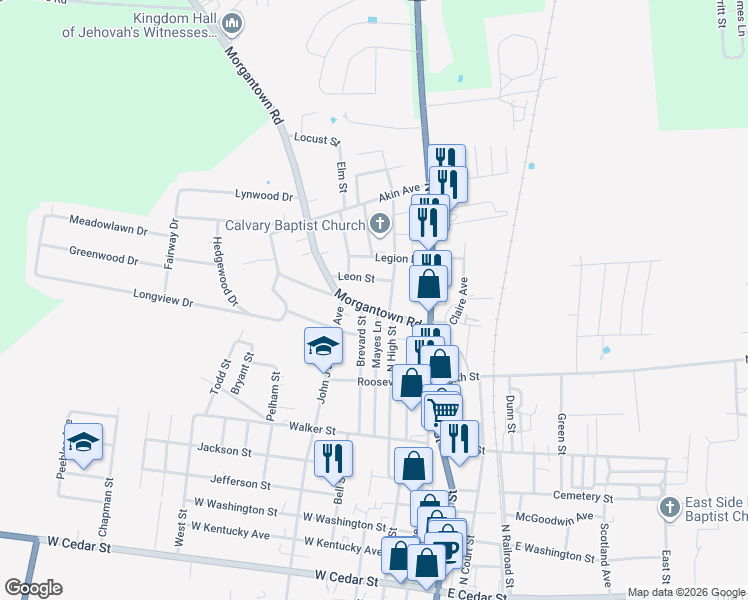 map of restaurants, bars, coffee shops, grocery stores, and more near Morgantown Road in Franklin