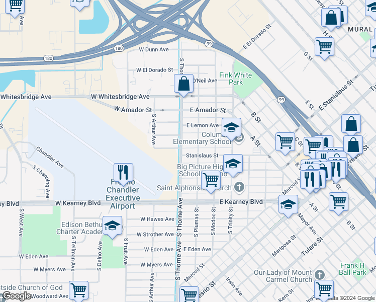 map of restaurants, bars, coffee shops, grocery stores, and more near 31 Stanislaus Street in Fresno