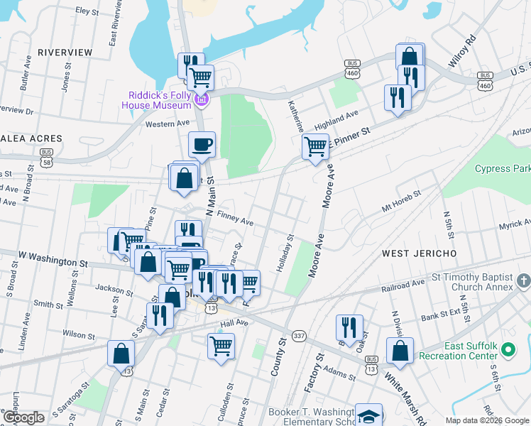 map of restaurants, bars, coffee shops, grocery stores, and more near 250 Pinner Street in Suffolk