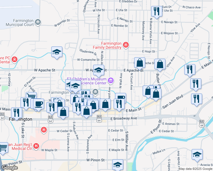 map of restaurants, bars, coffee shops, grocery stores, and more near 301 North Orchard Avenue in Farmington
