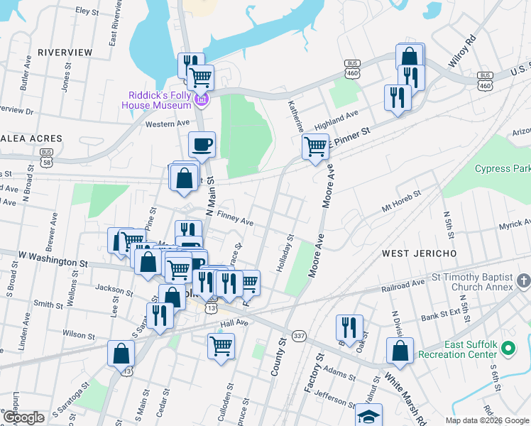 map of restaurants, bars, coffee shops, grocery stores, and more near 211 Central Avenue in Suffolk