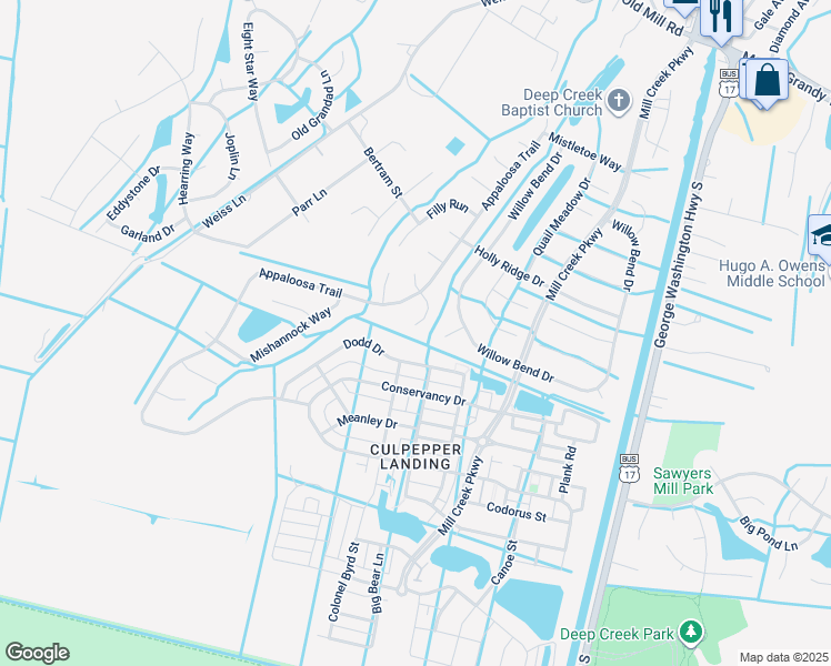 map of restaurants, bars, coffee shops, grocery stores, and more near 3300 Firebird Court in Chesapeake