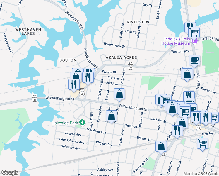 map of restaurants, bars, coffee shops, grocery stores, and more near 204 Bute Street in Suffolk
