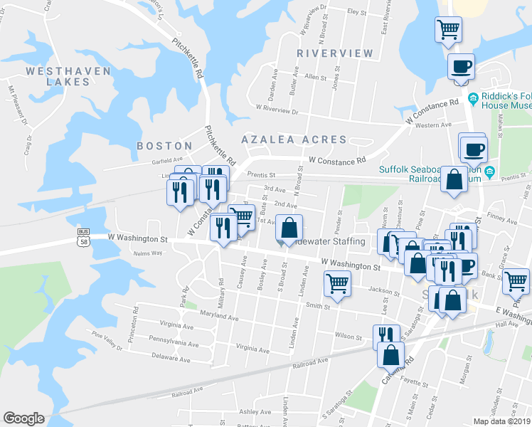 map of restaurants, bars, coffee shops, grocery stores, and more near 204 Bute Street in Suffolk