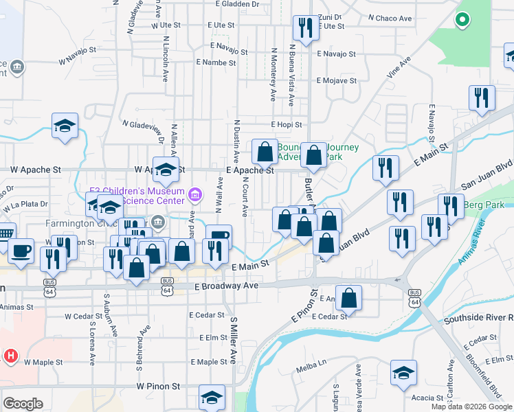 map of restaurants, bars, coffee shops, grocery stores, and more near 308 E La Plata St in Farmington