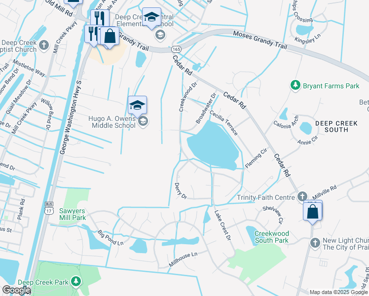 map of restaurants, bars, coffee shops, grocery stores, and more near 513 Creekwood Drive in Chesapeake