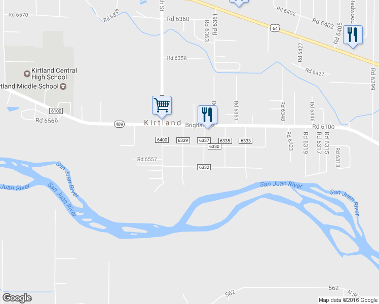 map of restaurants, bars, coffee shops, grocery stores, and more near 37 County Road 6330 in Kirtland