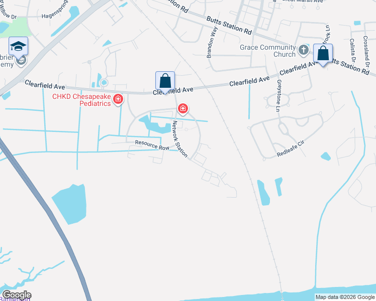 map of restaurants, bars, coffee shops, grocery stores, and more near 425 Network Station in Chesapeake