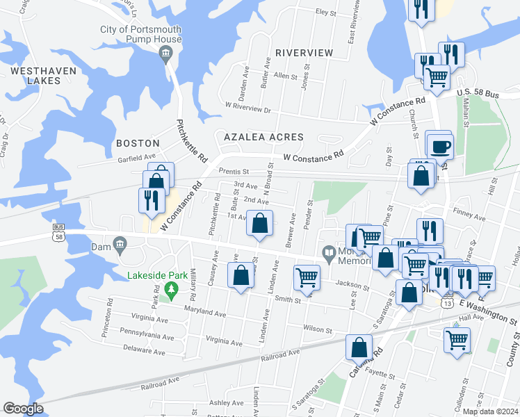 map of restaurants, bars, coffee shops, grocery stores, and more near 207 North Broad Street in Suffolk