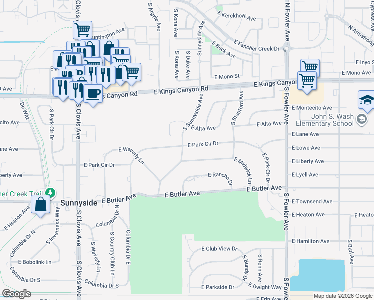 map of restaurants, bars, coffee shops, grocery stores, and more near 5806 East Park Circle Drive in Fresno