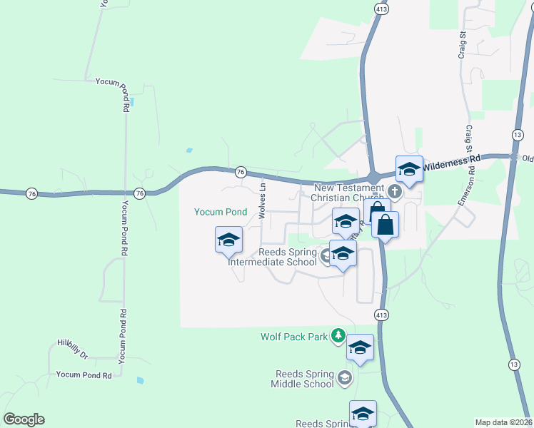 map of restaurants, bars, coffee shops, grocery stores, and more near 96 Wellsprings Drive in Reeds Spring