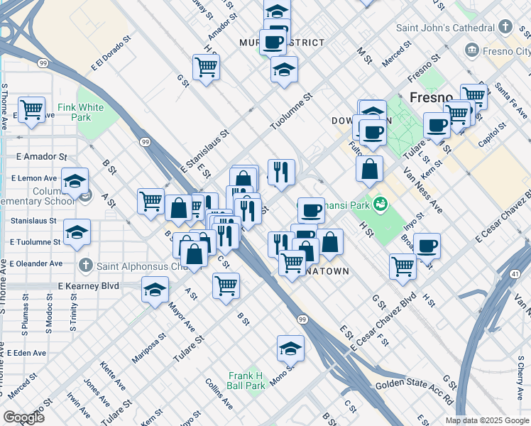 map of restaurants, bars, coffee shops, grocery stores, and more near 1452 Fresno Street in Fresno