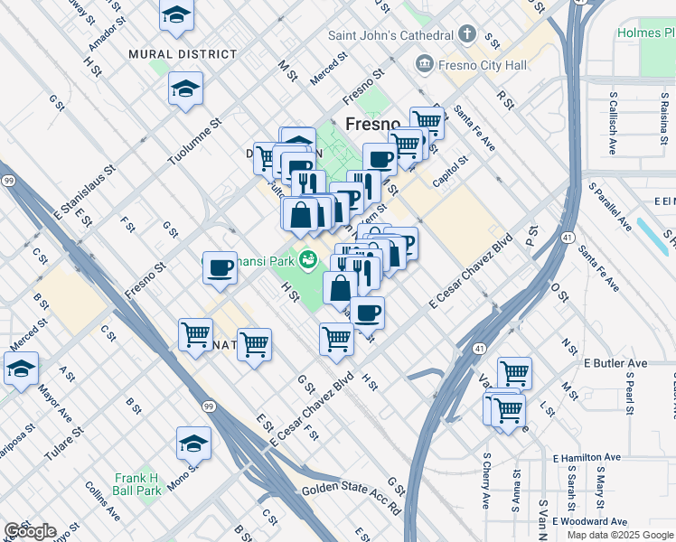 map of restaurants, bars, coffee shops, grocery stores, and more near 829 Fulton Mall in Fresno