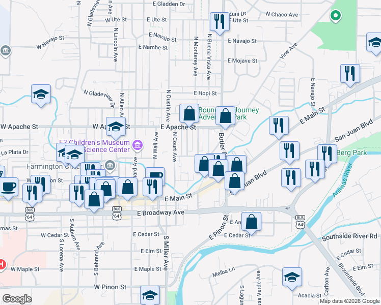map of restaurants, bars, coffee shops, grocery stores, and more near 308 East La Plata Street in Farmington