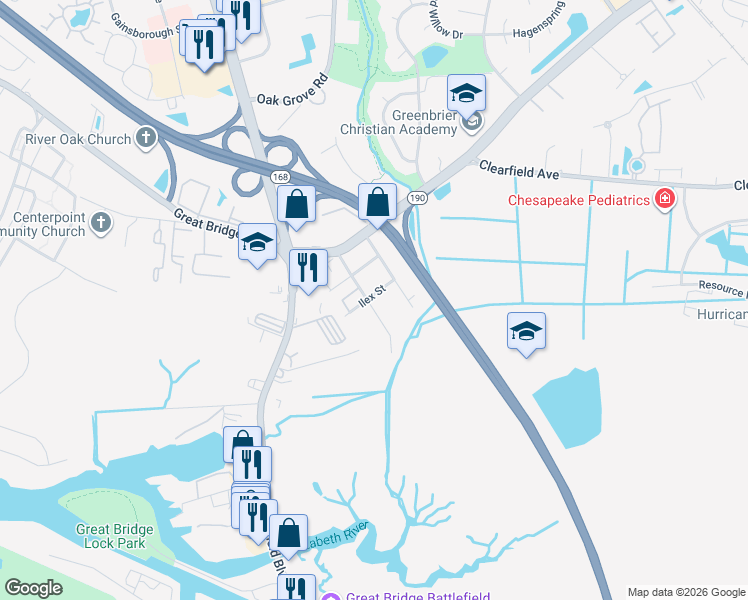 map of restaurants, bars, coffee shops, grocery stores, and more near 308 Snowberry Lane in Chesapeake