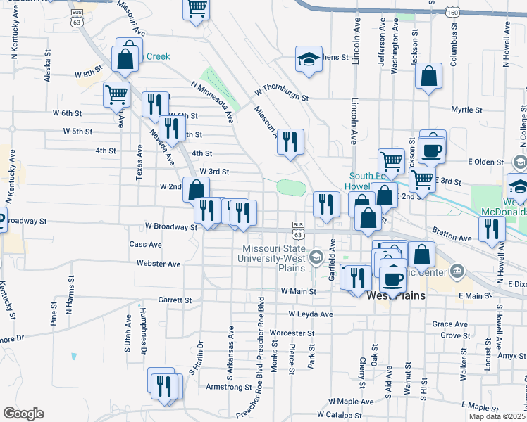 map of restaurants, bars, coffee shops, grocery stores, and more near 798 W 1st St in West Plains
