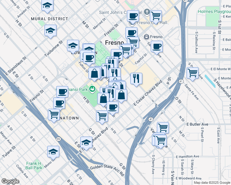 map of restaurants, bars, coffee shops, grocery stores, and more near 755 Van Ness Avenue in Fresno