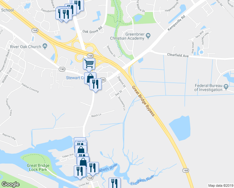 map of restaurants, bars, coffee shops, grocery stores, and more near 798 Ilex Street in Chesapeake