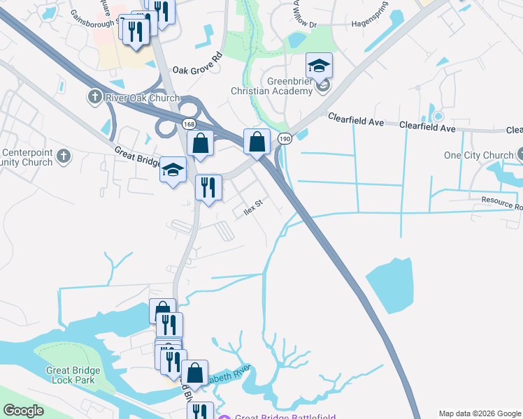 map of restaurants, bars, coffee shops, grocery stores, and more near 308 Snowberry Lane in Chesapeake