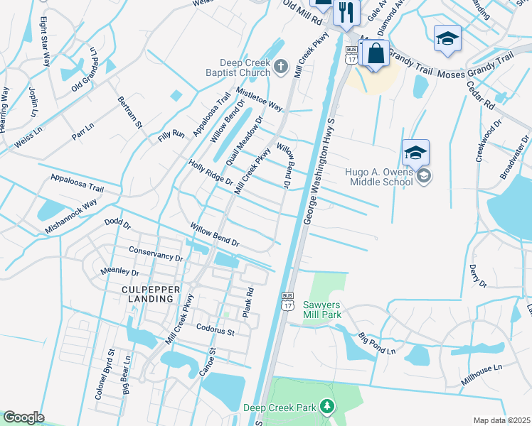 map of restaurants, bars, coffee shops, grocery stores, and more near 3113 Misty Hollow Court in Chesapeake