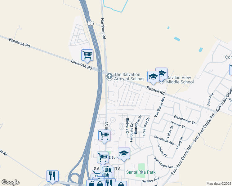 map of restaurants, bars, coffee shops, grocery stores, and more near 2416 North Main Street in Salinas