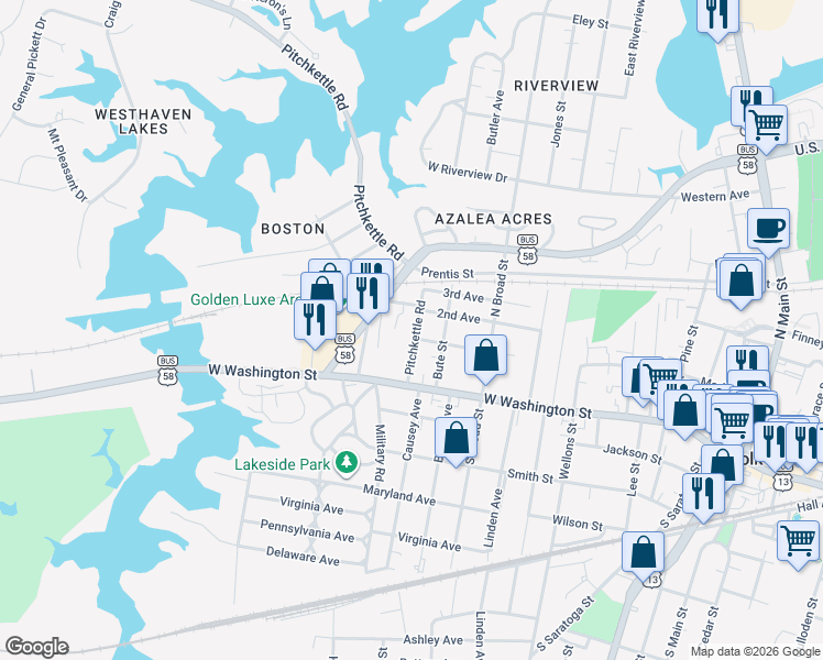map of restaurants, bars, coffee shops, grocery stores, and more near 132 Pitchkettle Road in Suffolk