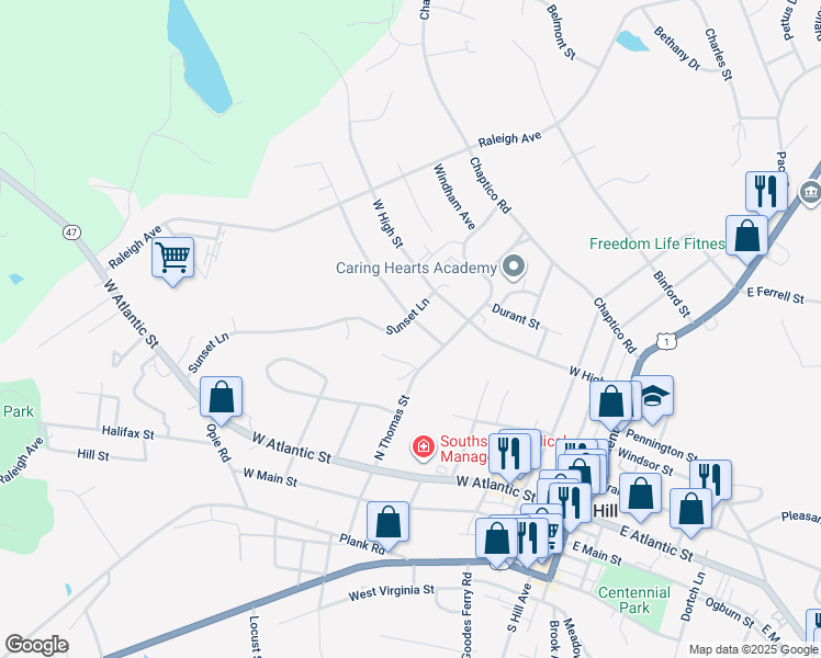 map of restaurants, bars, coffee shops, grocery stores, and more near 711 Forest Hill Drive in South Hill