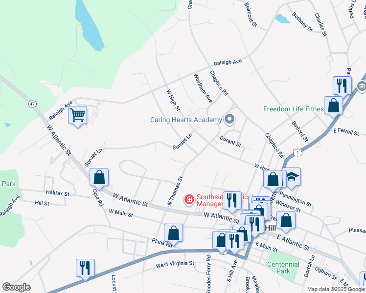 map of restaurants, bars, coffee shops, grocery stores, and more near 711 Forest Hill Drive in South Hill