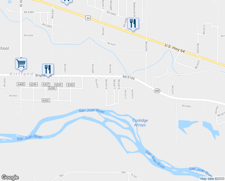 map of restaurants, bars, coffee shops, grocery stores, and more near 15 Road 6317 in Kirtland