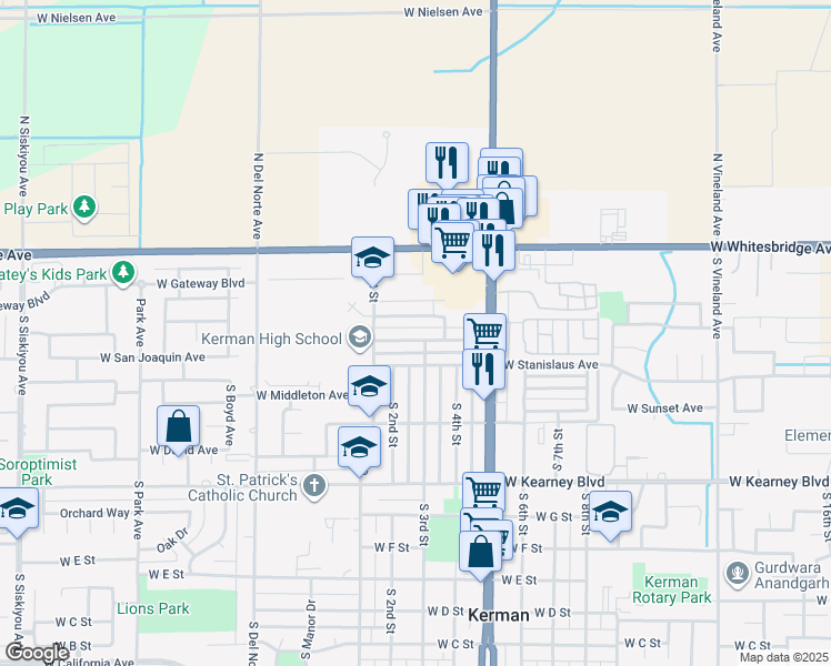 map of restaurants, bars, coffee shops, grocery stores, and more near 15242 West San Joaquin Avenue in Kerman