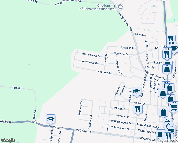 map of restaurants, bars, coffee shops, grocery stores, and more near 501-599 Longview Drive in Franklin