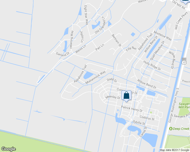 map of restaurants, bars, coffee shops, grocery stores, and more near 414 Mishannock Way in Chesapeake