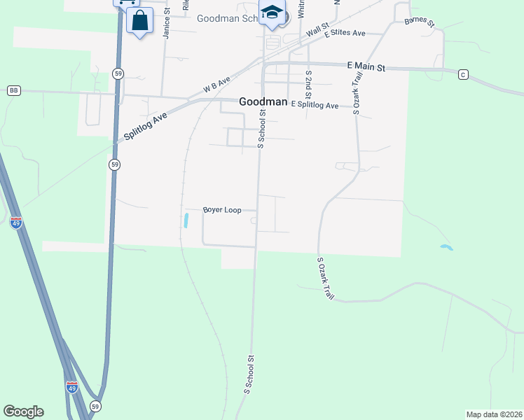 map of restaurants, bars, coffee shops, grocery stores, and more near 236 South School Street in Goodman