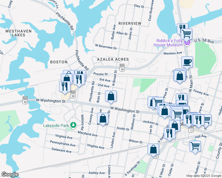 map of restaurants, bars, coffee shops, grocery stores, and more near 209 North Broad Street in Suffolk