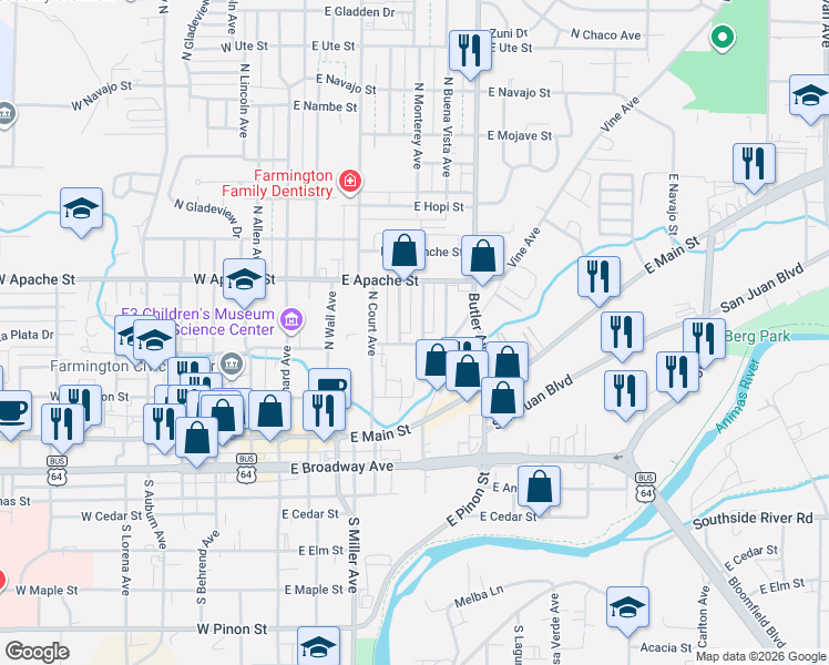 map of restaurants, bars, coffee shops, grocery stores, and more near 308 East La Plata Street in Farmington