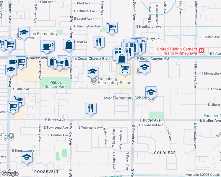 map of restaurants, bars, coffee shops, grocery stores, and more near 5145 East Lane Avenue in Fresno