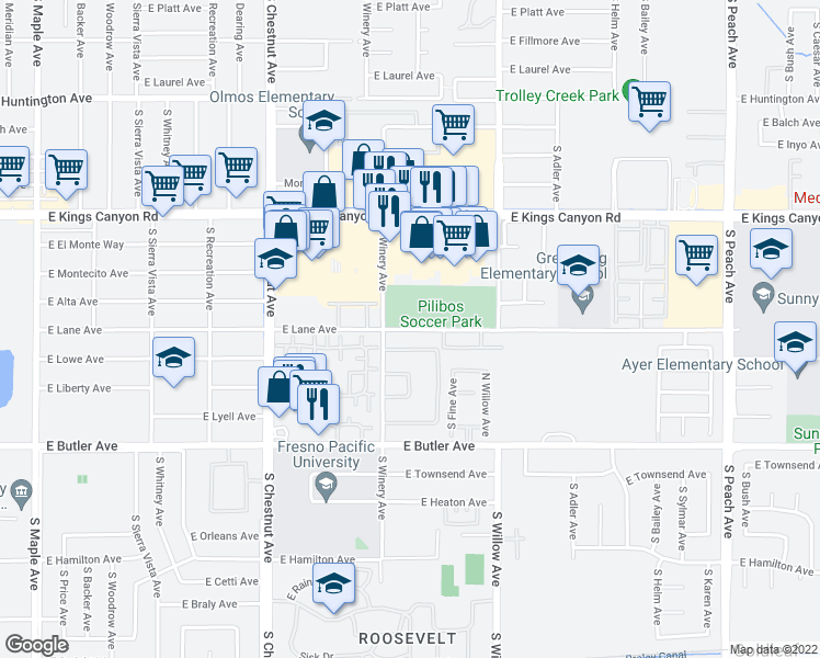map of restaurants, bars, coffee shops, grocery stores, and more near 4871 East Lane Avenue in Fresno