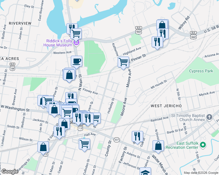 map of restaurants, bars, coffee shops, grocery stores, and more near 250 Pinner Street in Suffolk