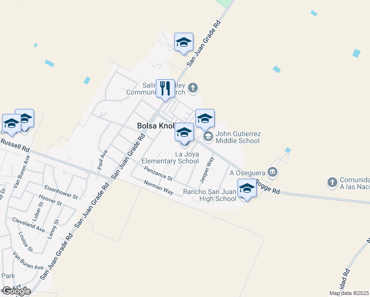 map of restaurants, bars, coffee shops, grocery stores, and more near 55 Rogge Road in Salinas