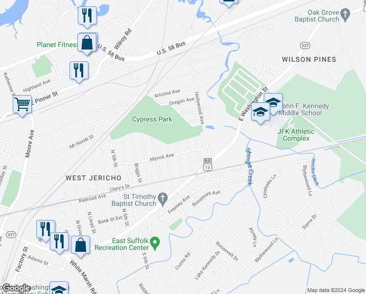 map of restaurants, bars, coffee shops, grocery stores, and more near 405 Bullock Street in Suffolk