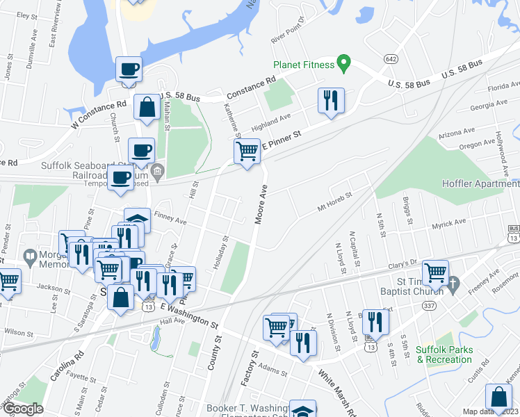 map of restaurants, bars, coffee shops, grocery stores, and more near 317 Moore Avenue in Suffolk