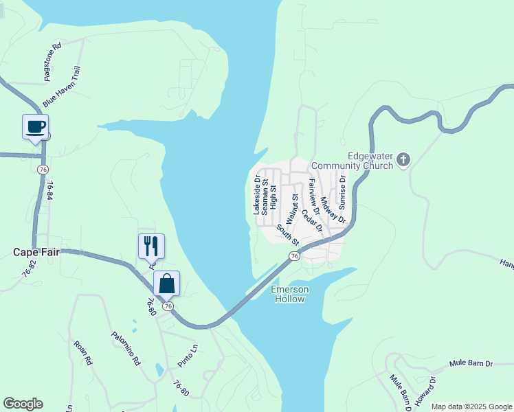 map of restaurants, bars, coffee shops, grocery stores, and more near 163 Lakeside Dr in Cape Fair