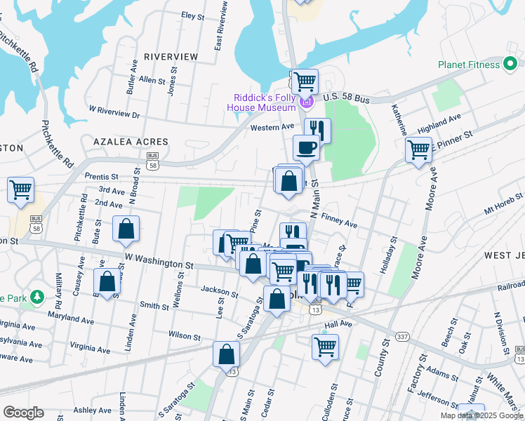 map of restaurants, bars, coffee shops, grocery stores, and more near 247 Pine Street in Suffolk
